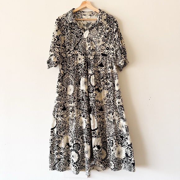 Umgee Floral Black and Cream Smocked Cuff Puff Sleeve Midi Dress Size XL - Picture 3 of 8